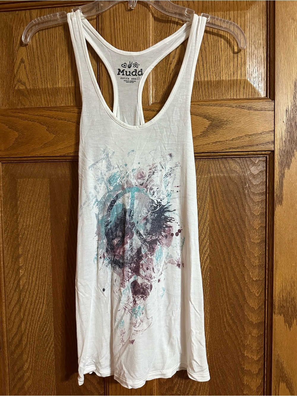 Mudd White Racerback Tank with Teal and Maroon Graphic